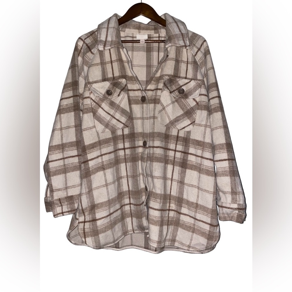 Knox Rose Beige Plaid Shacket‎ Jacket Women L Button Up Utility Chore Western